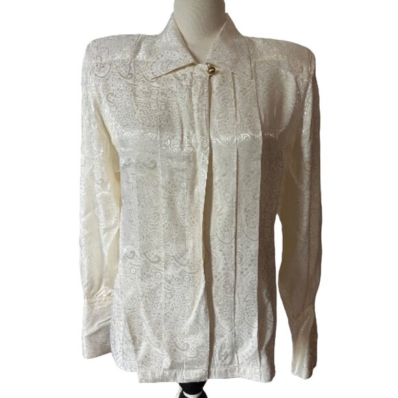 Liz Claiborne Vintage Pleated Front Collared Silky Blouse Sz 8 (Medium) Off Whit - Picture 15 of 16